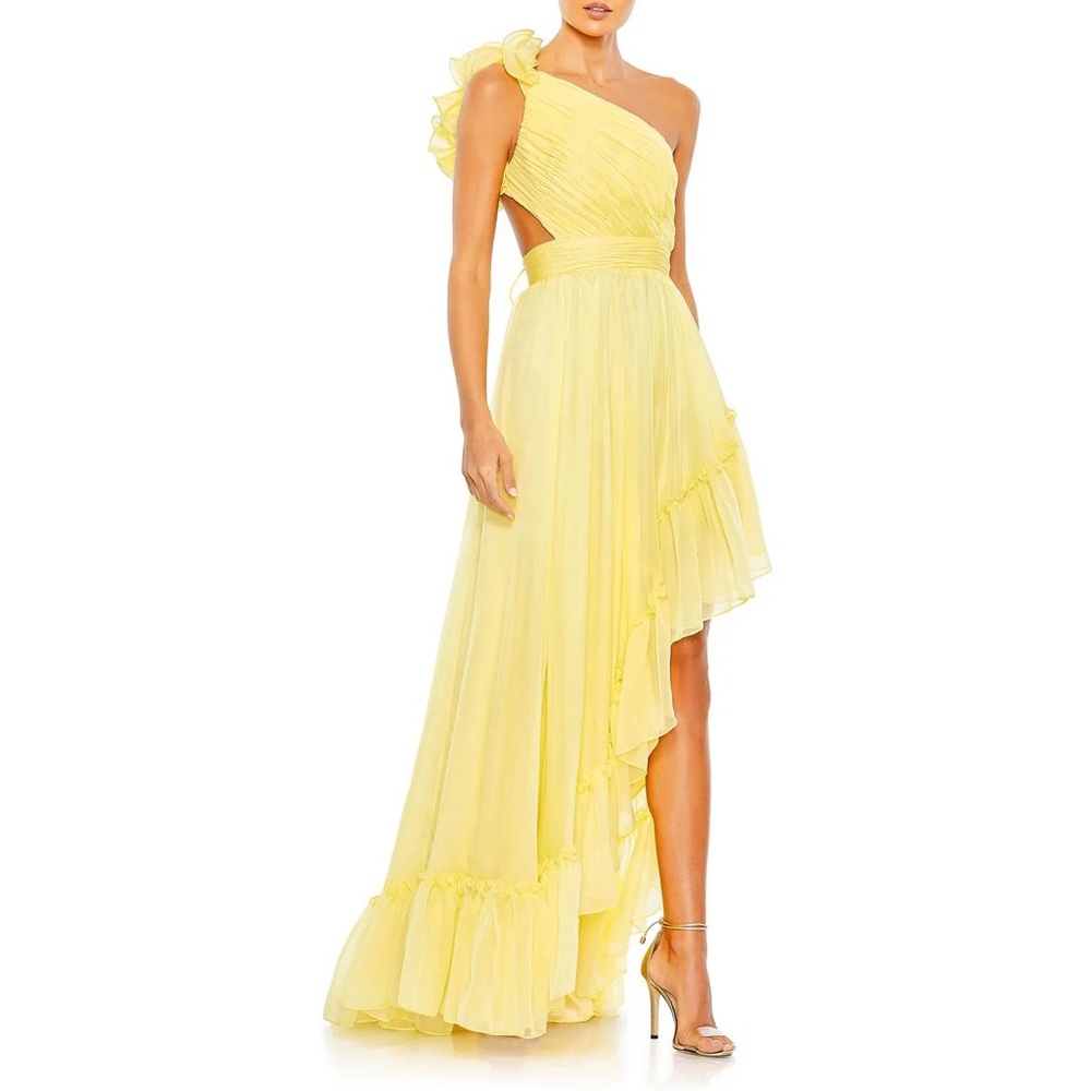 Mac Duggal Butter Yellow One Shoulder Ruffle Chiffon Gown NWT